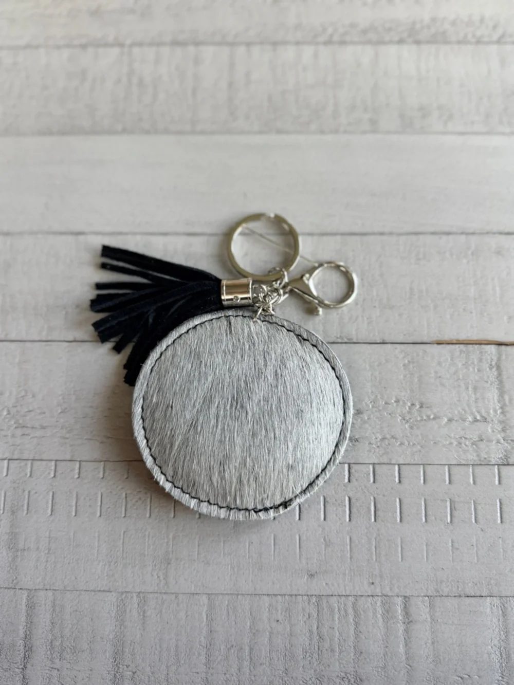 Western Round Grey Cowhide Keychain with Black Tassel